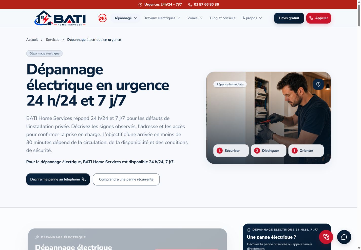 Page de dépannage électrique BATI Home, avec les informations de prise en charge et le contact téléphonique.