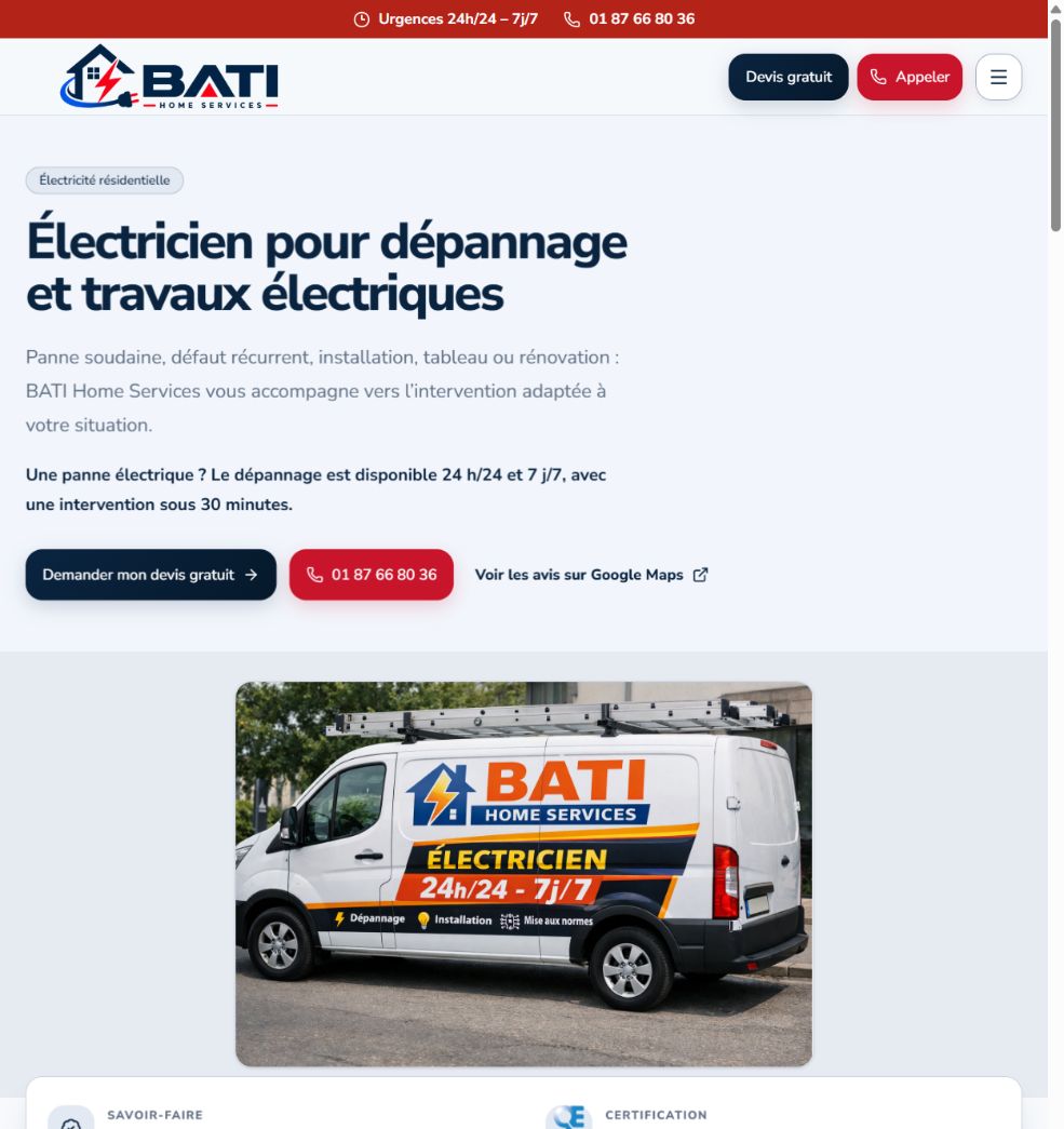 Aperçu de la page d’accueil de BATI Home Services : services électriques, réalisations et contact.
