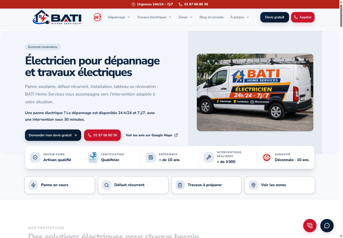 Accueil de BATI Home Services : titres bleus, fourgon de l’entreprise et accès au devis et au téléphone.