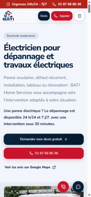 Page d’accueil BATI Home sur mobile, avec un titre lisible et deux actions distinctes pour le devis et l’appel.