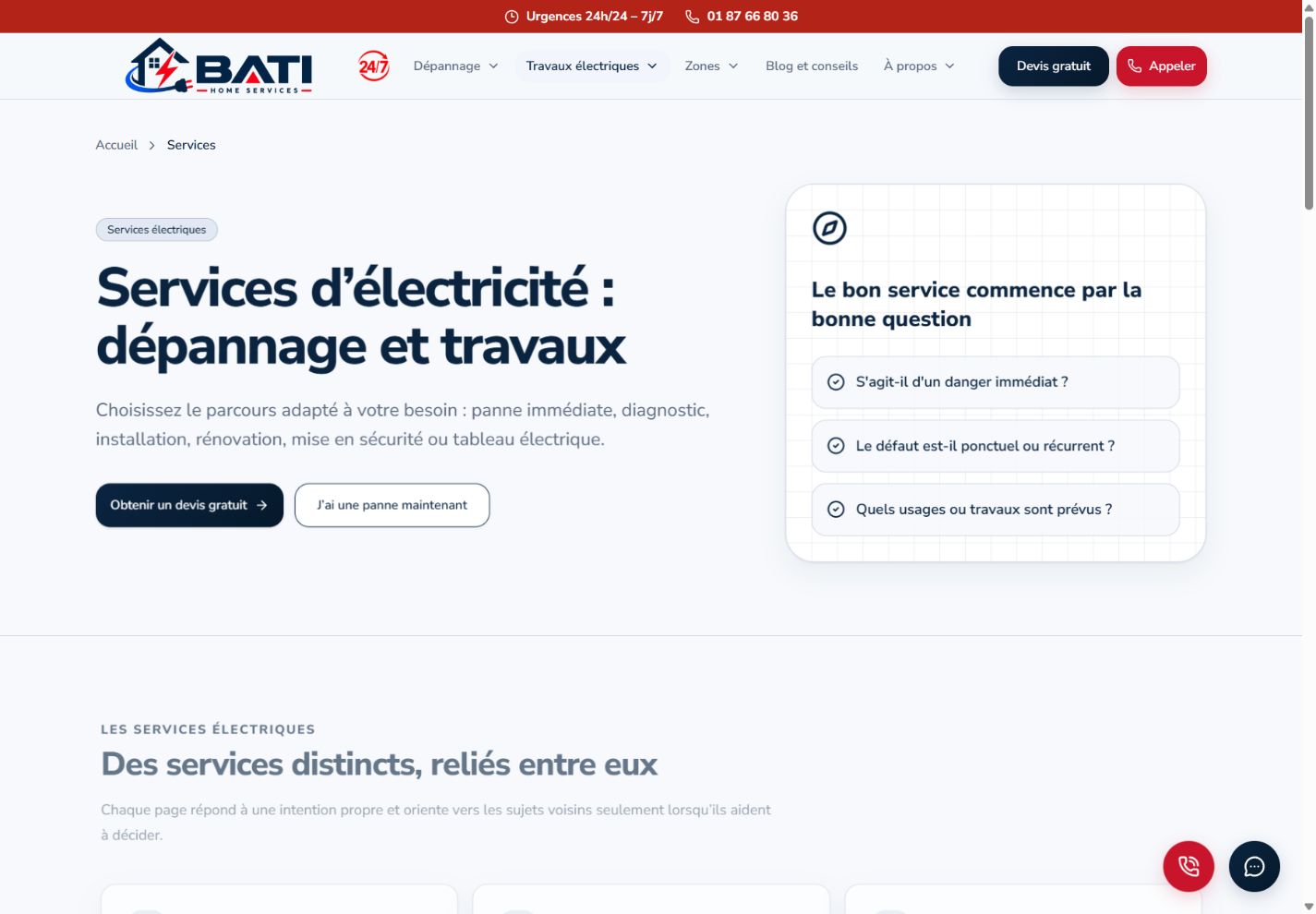 Page des services électriques BATI Home : dépannage, diagnostic et travaux organisés par situation.