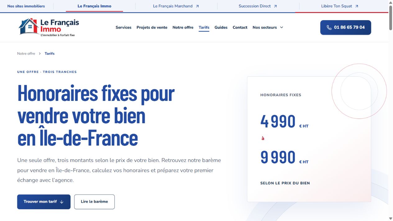 Page Tarifs Le Français Immo avec présentation des honoraires fixes et accès au barème et au calcul.