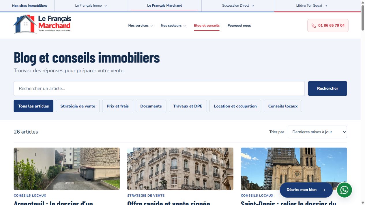 Bibliothèque de conseils Le Français Marchand avec recherche, filtres de catégories, tri et cartes d’articles.