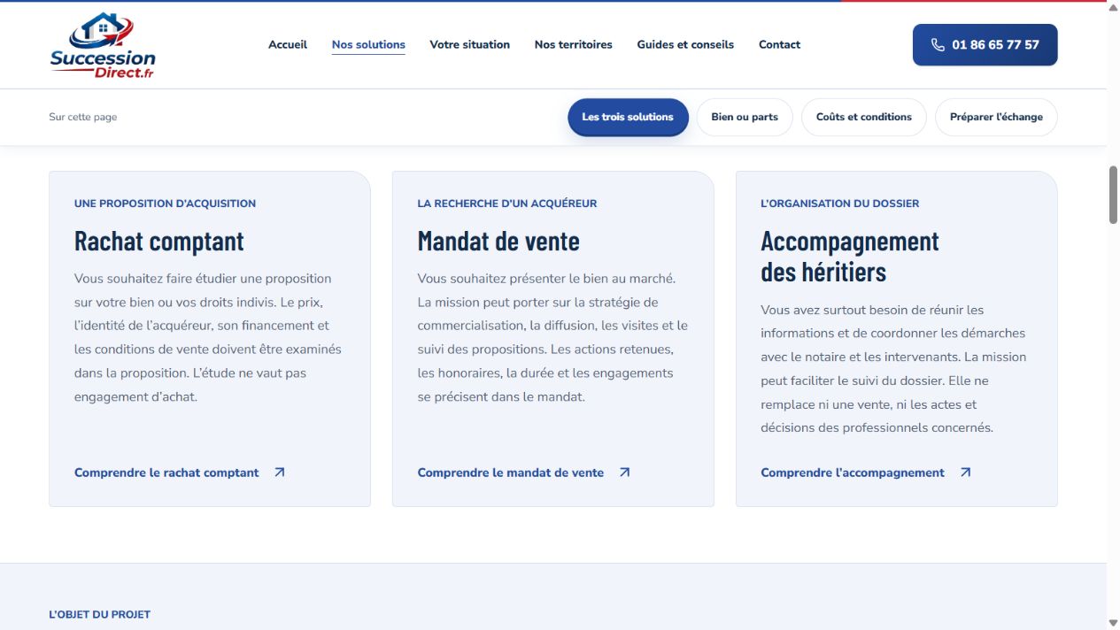 Trois cartes de Succession Direct distinguent rachat comptant, mandat de vente et accompagnement des héritiers.