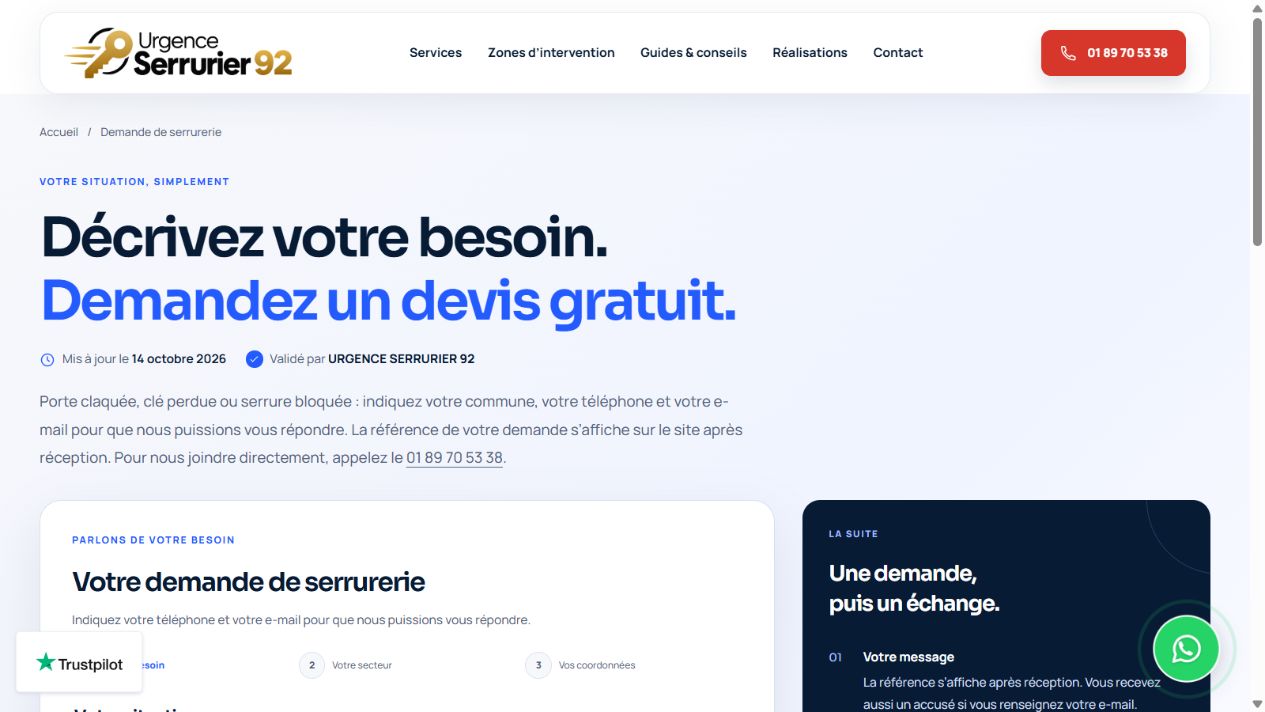 Capture de la page de demande Urgence Serrurier 92 montrant le choix du besoin et les étapes secteur puis coordonnées.