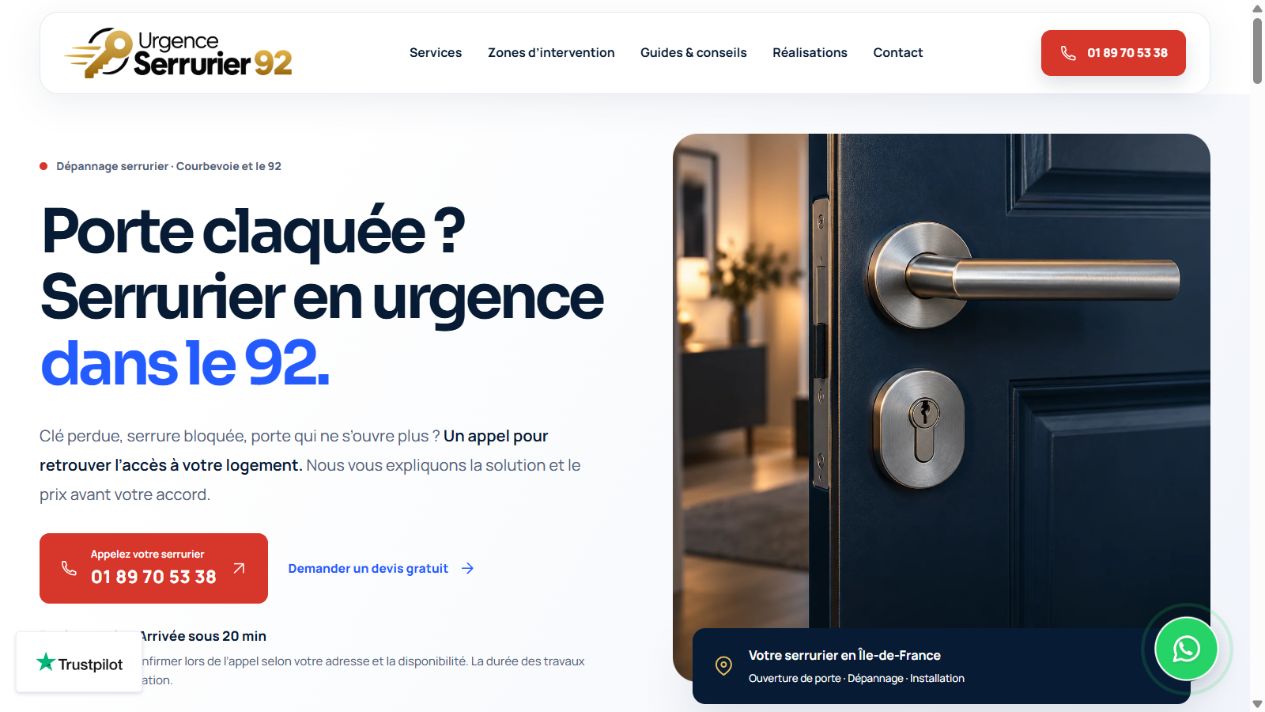 Capture conservée du site Urgence Serrurier 92, présentant ses prestations et ses accès au contact.