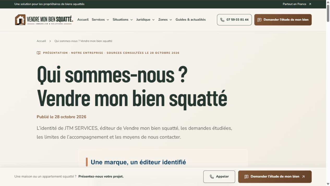 Capture de la page entreprise Vendre mon bien squatté, présentant la marque publique et son éditeur.
