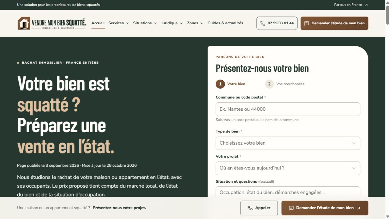Aperçu du site Vendre mon bien squatté et des étapes de présentation d’une situation immobilière.