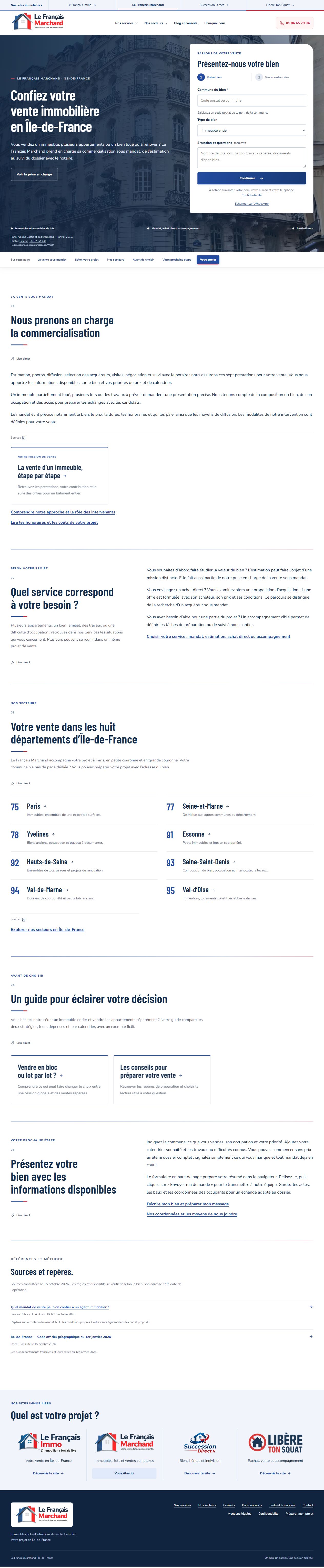 Aperçu du site Le Français Marchand, consacré aux immeubles, lots et situations de vente.