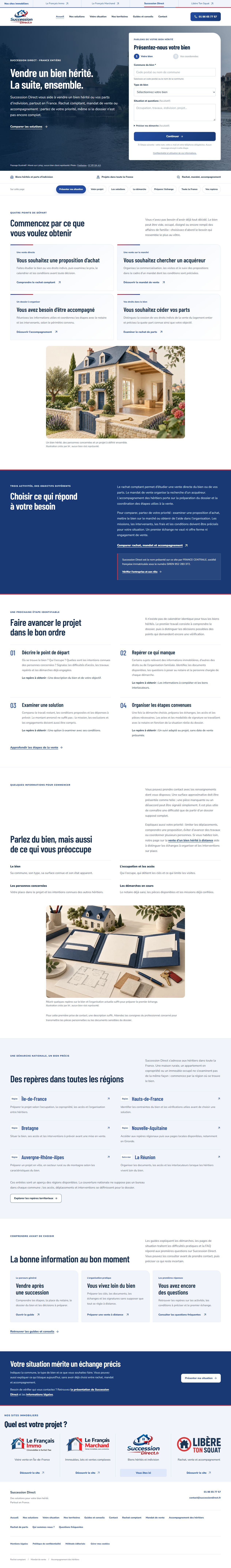 Aperçu du site Succession Direct et de son parcours destiné aux propriétaires d’un bien hérité.